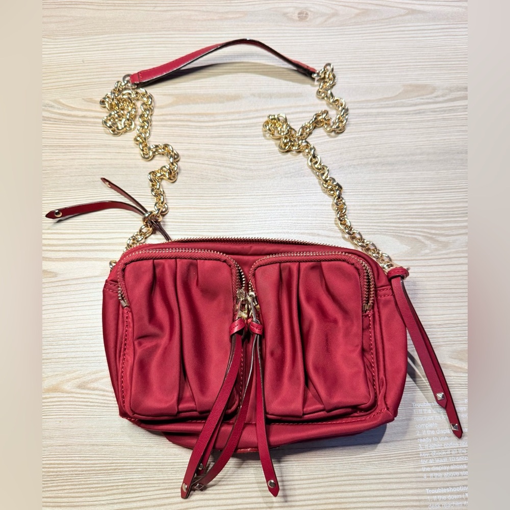 MZ Wallace Women's Burgundy Nylon Leather Trim Crossbody With Gold Chain Strap
